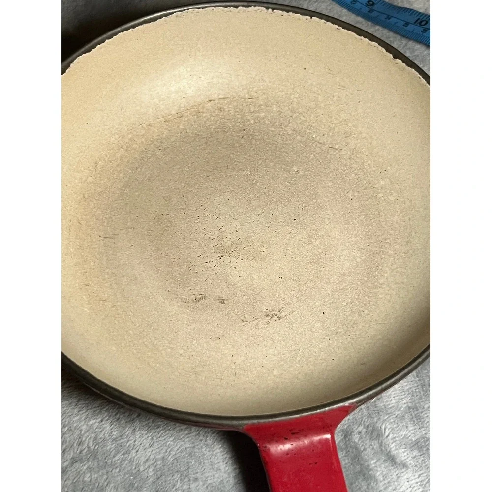 Vintage French Red Enamel Cast Iron Skillet Cream Interior Hanging Handle